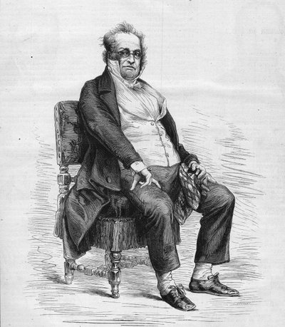 Retrato de Henry Monnier (1799-1877), dramaturgo, cartunista e comediante francês. Ele está vestido como "Monsieur Prudhomme", personagem inventado por Monnier, um desenho animado dos burgueses franceses do século XIX. Gravura em "Le Monde Illustré" n°1031 de French School