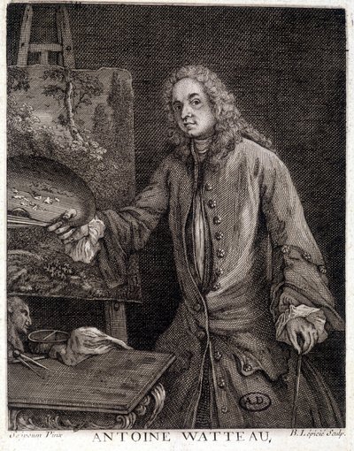 Retrato de Jean Antoine Watteau (1684-1721), pintor francês - gravura de French School
