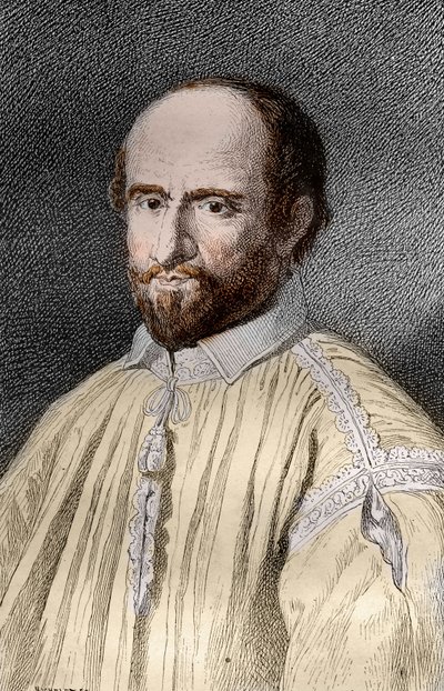 Retrato de Jean Duvergier de Hauranne (1581-1643), Abbe de Saint-Cyran, religioso e teólogo francês Jansenist (Jean du Vergier de Hauranne, Abbe de Saint Cyran (1581-1643) monge francês que introduziu o Jansenismo em França) Gravura de "Les mysteres de French School