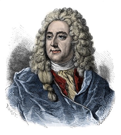 Retrato de John Law (1671 - 1729) Financial Controller, Scottish Financial responsável pela falência (Evento da Rue Quincampoix) - gravura de "L