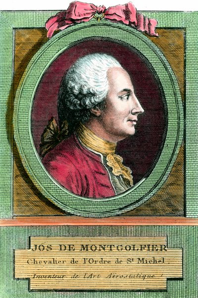 Retrato de Joseph de Montgolfier (1740 - 1810) inventor do balão de ar quente. Gravura do século XVIII. Colecção privada. de French School