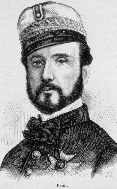 Retrato de Juan Prim y Prats, general e político espanhol (1814 - 1870) - em "A História da França" de Henri Martin de French School