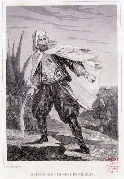 Retrato de Kheir - Eddin - Barbarossa, pirata turco do século XVI - em "Histoire des pirates et corsaires de l