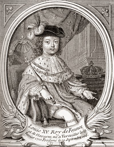 Retrato de Luís XV quando criança, 1710 1774. Monarca Bourbon que governou como rei da França e Navarra. De Les Heures Libres publicado em 1908. de French School