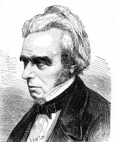 Retrato de Michel Faraday (1791 - 1867), físico e químico britânico - em "Album of Science; illustrious scientists; Great discovery" 1896. de French School