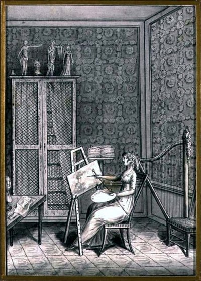 Retrato de Mme. Marie-Anne-Marguerite Gerard (1761-1837) em seu estúdio, c.1790 (caneta e tinta com lavagem em papel) de French School