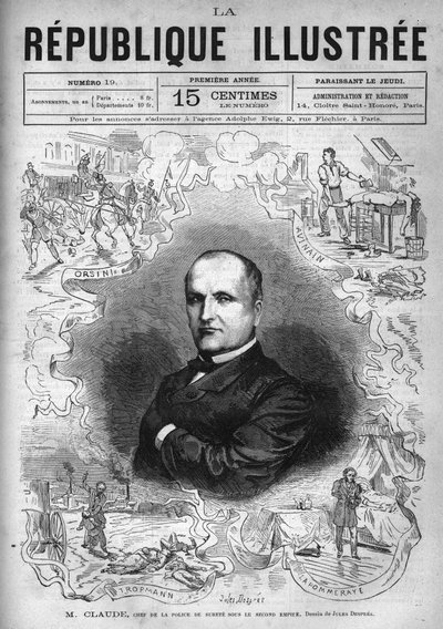 Retrato de Monsieur Claude (Antoine François Claude dit) (1807-1880), polícia e escritor francês, chefe da polícia de segurança sob o Segundo Império. Um jornal. Gravura de 1880 em "La republique illustree" coleção privada. de French School