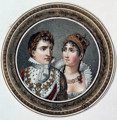 Retrato de Napoleão I (1769-1821) e Josefina de Beauharnais (1763-1814) Pintura sobre tampa de bombom. Século XIX de French School