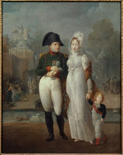 Retrato de Napoleão I (1769-1821) e Maria Luísa com seu filho, Rei de Roma Napoleão II, Duque de Reichstadt no quadro Tuileries Gardens Anônimo. Século XIX Colecção privada - Retrato de Napoleão I (1769-1821) e de Maria Luísa com o seu de French School