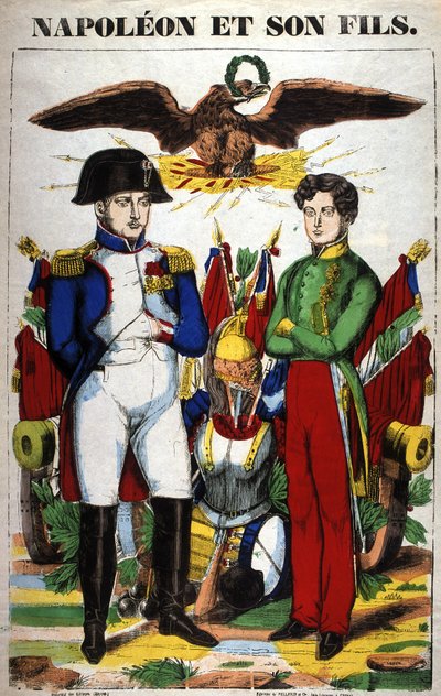 Retrato de Napoleão I e do seu filho, Napoleão II. Imagem de Epinal de French School