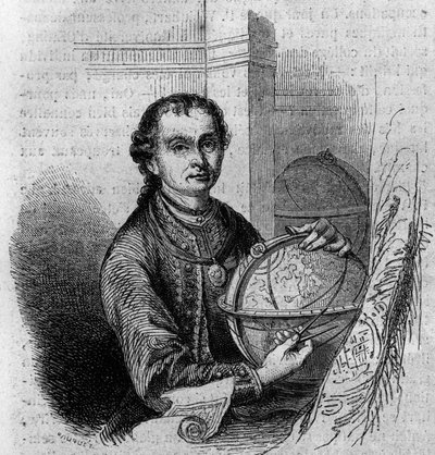 Retrato de Pierre (Peter) Anich (1723-1766), astrônomo e cartógrafo tirolês, segurando um globo e uma bússola. Gravura em "Le Magasin pitoresco". de French School