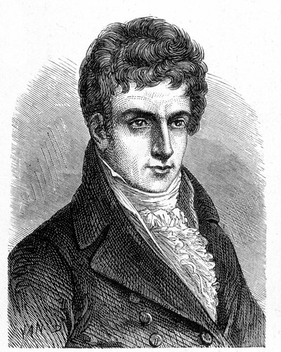 Retrato de Robert Fulton (1765 - 1815), mecânico americano que construiu o primeiro submarino propulsor - no "Álbum da Ciência; cientistas ilustres; Grandes descobertas" 1896. de French School