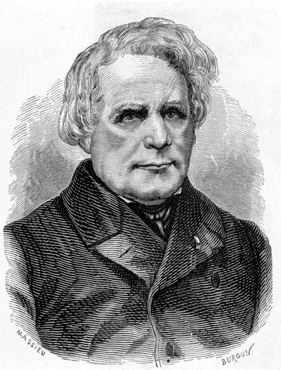 Retrato de Ruhmkorff Heinrich Daniel (1803 - 1877), construtor de instrumentos físicos (o aparelho de indução), mecânico e electricista alemão - no "Álbum da Ciência; cientistas ilustres; Grandes descobertas" 1896. de French School
