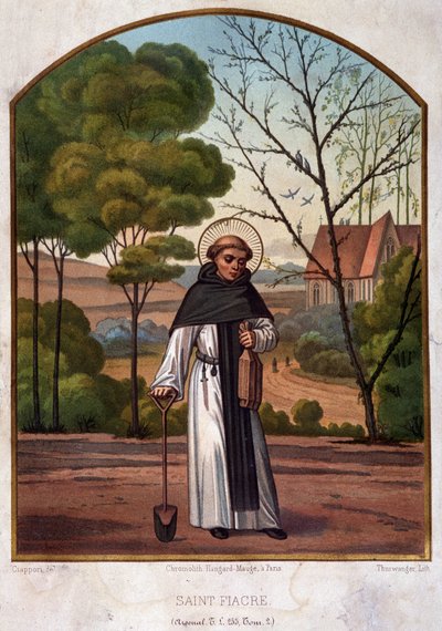 Retrato de São Fiacre (eremitério perto de Meaux), patrono do trabalho dos jardineiros do século XIX. de French School