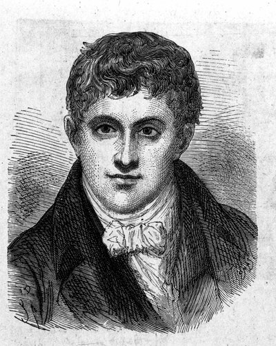 Retrato de Sir Humphry Davy (1778 - 1829), químico e físico britânico - em "Album of Science; illustrious scientists; Great Discoveries" 1896. de French School