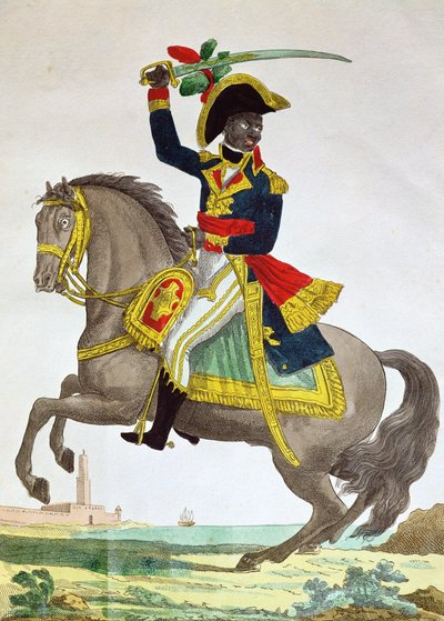Retrato, de, Toussaint, Louverture, (1743-1803), ligado, horseback, cedo, 19o século, (color, engraving) de French School