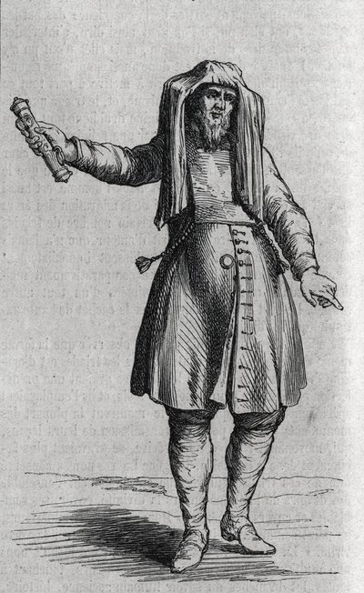 Retrato de um homem judeu segurando o Mezuzoth (Mezouzoth, Mezouzah, Mezouza). Gravura em "Le Magasin Picturesque" (Le Magasin Picturesque) de French School