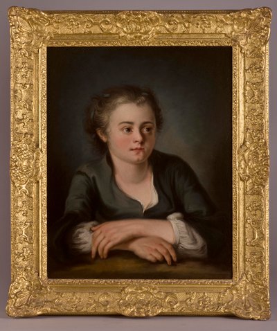 Retrato, de, um, menina jovem, desgastar, um, vestido verde, e, branca, chemise, sentado, antes de, um, tabela de French School