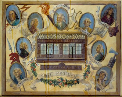 Retrato de figuras históricas e vista do café parisiense Le Procope: Benjamin Franklin, Jean Jacques Rousseau, Voltaire, Jean D