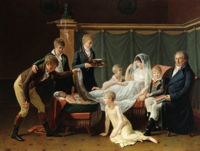 Retrato do marquês e da marquesa de Cramayel e seus sete filhos no interior, de French School