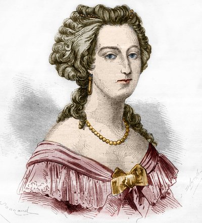 Retrato da Marquesa de Boufflers Marie Francoise Catherine de Beauvau Craon (1711-1787). Gravura em "A história da prostituição e do deboche entre todos os povos do mundo desde a antiguidade até os dias de hoje" pela Dra. Th. -F. Debray. 1879. de French School