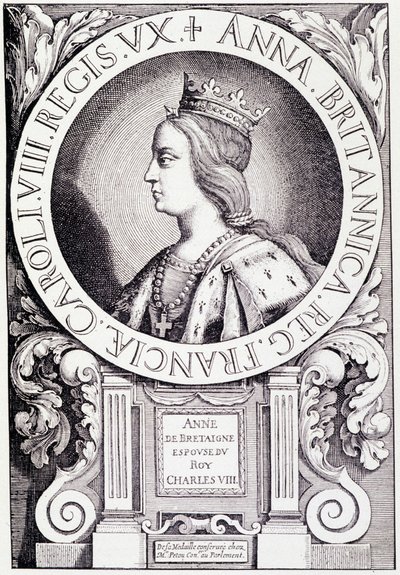 Retrato da Rainha da França Ana da Bretanha (1477-1514). Gravura de "Louis XII et Anne de Bretagne" de Paul Lacroix, ed. Georges Hurtrel de French School
