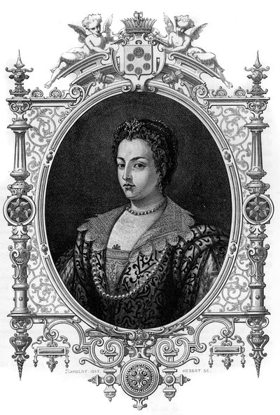 Retrato da veneziana Bianca Cappello (1548 - 1587), esposa de François de Medicis (Francesco de Medici). Gravura de 1862 em "As Rainhas do Mundo" pelos nossos primeiros escritores. Livro publicado sob a direção de J. G. D. ARMENGAUD. de French School