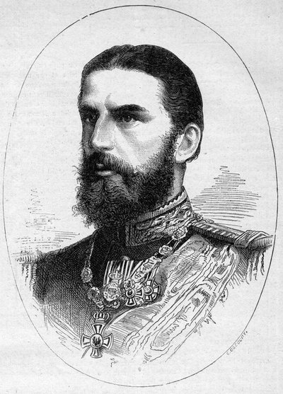 Retrato do príncipe da Roménia Charles de Hoenzolern Sigmaringer (1839-1914), futuro rei com o nome de Carlos I (Carol I). Gravura em "Le Monde Illustré" n°1054 de 23 de Junho de 1877. de French School