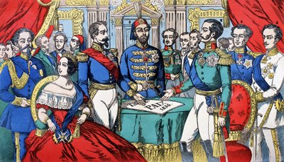 Retrato dos soberanos da Europa durante o Tratado de Paz de 1856: da esquerda para a direita, Victor Emmanuel II (Victor Emmanuel) (Vittorio Emanuele), Rei da Sardenha, Vitória, Rainha de Inglaterra, Napoleão III, Imperador Turco, Alexandre II, Rei da Rúss de French School
