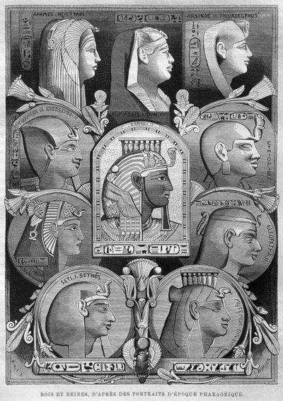 Retratos do Antigo Egito rainhas e reis, de LEgypte de Georg Moritz Ebers (1837-98), 1881 (gravura bw) de French School