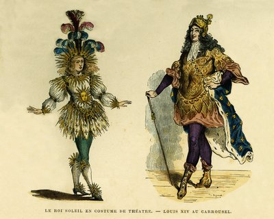 Retratos do Rei Luís XIV (1638-1715), em traje de teatro e carrossel. Gravura a cores, em "France et les francais a travers les centuries", de Augustin Challamel, editor F.Roy, Paris 1882. Coleção Selva. de French School