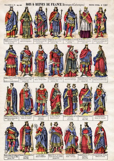 Retratos dos reis e rainhas da França da Dinastia dos Merovíngios e Carolíngios. Imagens epinais do final do século XIX. Coleção particular. de French School