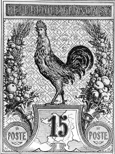 Selo postal, descrevendo, a, francês, galo novo, emblema, de, a, república francesa, tarde, 19o século de French School