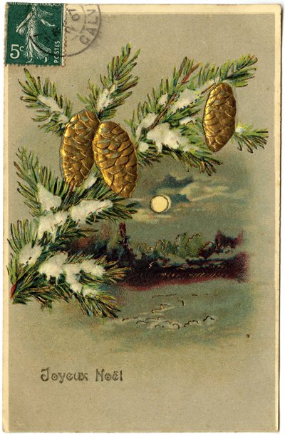 Cartão postal: Feliz Natal (papel impresso em cromolitografia, estampado e dourado) de French School