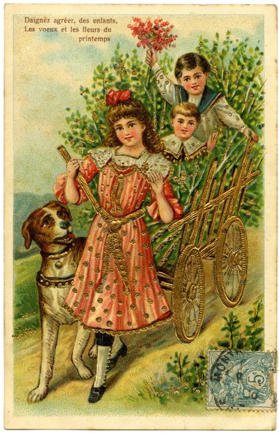 Cartão postal, por favor aceite, desejos das crianças e flores de primavera (papel impresso em cromolitografia com douradura adicional) de French School
