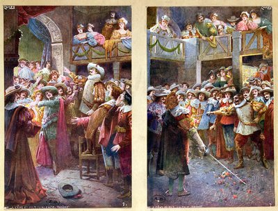 Cartões postais representando Cyrano de Bergerac e o duelo no Hotel de Bourgogne, c.1900 de French School