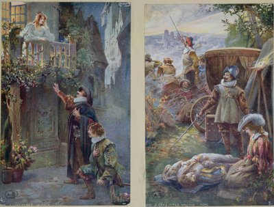 Cartões postais representando Cyrano de Bergerac com Roxanne e a morte de Christian, c.1900 de French School