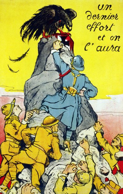 Poster "" Um último esforço e nós o teremos": aliados (França, EUA, Rússia, etc...) alcançando o topo de uma rocha empoleirada pela águia alemã. Lithograhie 1917. de French School