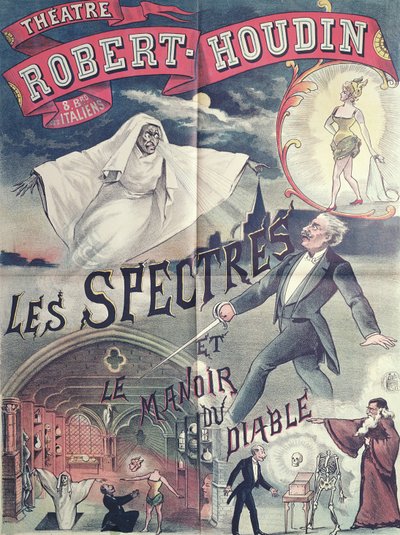 Poster publicidade Fantasmas e a Casa do Diabo no Teatro Robert-Houdin, Paris, c.1870 de French School
