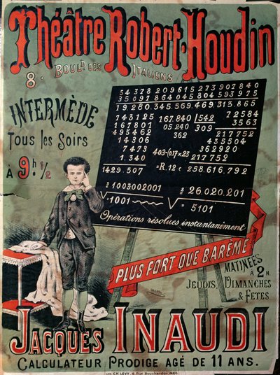 Cartaz publicitário uma aparição de Jacques Inaudi (1867-1939) no Teatro Robert Houdin, Paris, 1878 de French School