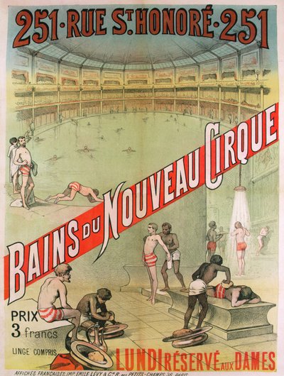 Cartaz publicitário dos "Bains du Nouveau Cirque", 251 rue St. Honoré, Paris, finais do século XIX (litografia a cores) de French School