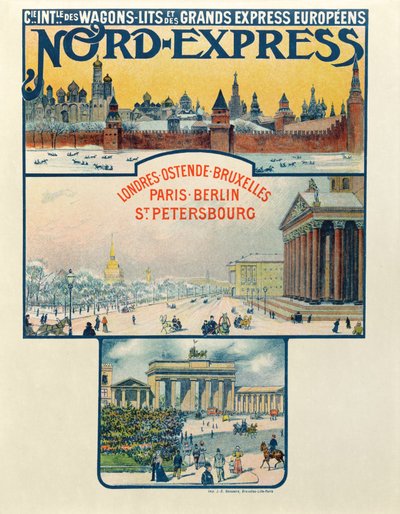 Cartaz publicitário da Wagons-Lits Company e Great European Express, Londres para São Petersburgo, início do século XX de French School