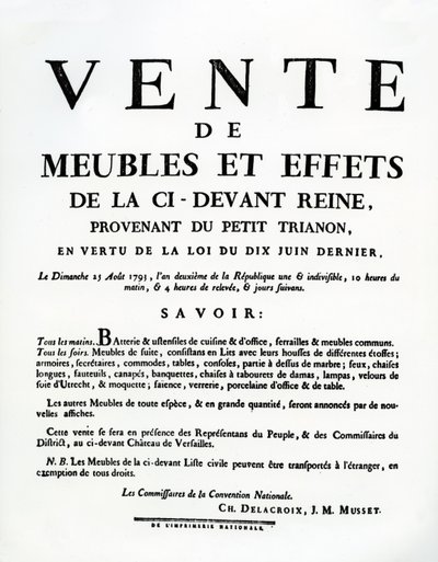 Cartaz publicitando a venda dos móveis e efeitos de Marie-Antoinette no dia 25 de Agosto de French School