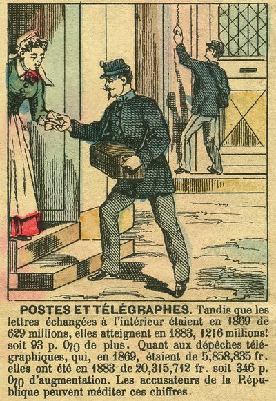 Correios e telégrafos, ilustrando o bom funcionamento das telecomunicações e dos Correios, graças à República. Gravura, em "Le Figaro, suplemento", em 30/03/1889, Paris. Coll. Selva. de French School
