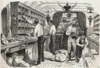 Posts: interieur du bureau ambulant - Gravação em "Tableau-de-Paris" por Edmond Texier 1852 de French School