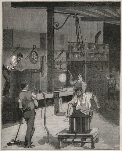 Cerâmica, Fabricação de Sevres: Oficina de fundição a vácuo e a ar comprimido. Gravura a partir de 1885 em "Les arts et metiers illustres" de Adolphe BITARD. de French School