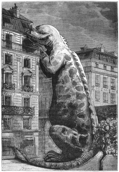 Monstro pré-histórico em uma cidade moderna, gravada por Motty (século XIX) ilustração do Le Monde Avant la criação de lHomme por Camille Flammarion, publicado pela Marpon e Flammarion, 1886 (gravura de French School