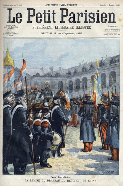Apresentação da bandeira do Regimento da China pelo General Faure Biguet (Faure-Biguet) ao General Arnoux governador nos Inválidos em Paris, em " Le petit Parisien" 1901 (gravura) de French School