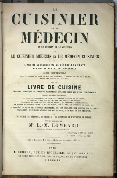 Página de apresentação do livro "Le cuisinier et le medecin, l