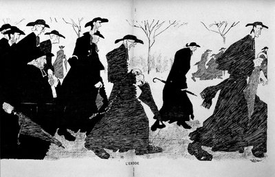 Sacerdotes em colunas a fugir (separação entre Igreja e Estado) - em "The Witness" de 29/12/1906. de French School